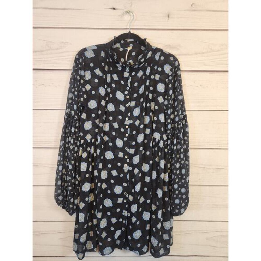 Free People Black Mini Dress with Light Blue and White Floral Print